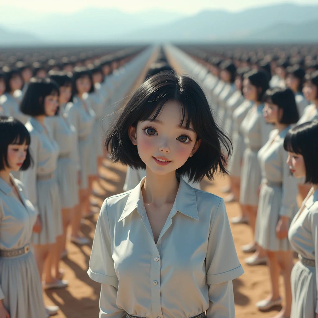 (((((Japanese Clone girls=Myself)))))), (((Best Super High quality Myself Clone girls Raw Photography Art))), (16K, Highest quality, Ultra-high resolution, RAW Photos), (((It's so unrealistic., With unparalleled depiction, With an unfathomable sight, An unprecedented and shocking worldview, Clone girls in a world of mass reproduction, Ultra-realistic))), (((Japanese, woman, 20yo, Saito-Asuka))), (Small face, ((Thick black hair, Semi-long hair))), ((V-neck short-sleeve dress)), (((((Very detailed美しい女体, Accurate body structure, Very detailed完璧な, Super busty body with very large breasts, Clearly emphasizes cleavage))))), (((Dark Eyes, Mature face, Cute Smile, A gentle gaze))), (((Her happy and smiling expression is so cute))), ((((((((Very detailed分身増殖描写, ((1girl→Myself cloning→1,000,000,000,000,000,000,000,000,000,000,000,000,000,000,000,000,000,000,000,000Myself Clone girls)))))))))), ((((((((Very detailed, The precise depiction of the proliferation of Myself Clone girls, ((With the perfectly identical bodies of Myself clone girls, With the exact same face as the Myself clone girls, With the exact same hairstyle as the Myself clone girls, In the exact same clothes as the girls who are my clones, Perfectly the same height as the Myself clone girls, Super big breasts, just like the Myself clone girls)))))))))), (((Myself clone girls only))), (((Multiple pairs, Very detailed depiction, (Myself clone girls hug each other, Myself clone girls assemble, Fun conversations with fellow Myself clone girls, A fun conversation between Myself clone girls, Myself clone girls holding hands, Walking with lots of Myself clone girls)))), (((Everyone looks at the camera))), (((Unbelievably crowded, Transcendent Myself clone girls intimately, Countless Myself clone girls surround you in 360 degrees))), (Bright, soft sunlight), (((Very wide field of view, Very detailed, Detailed ultra-perspective depiction with clear depth, wide view))), (((((Landscape with a curved slope))))), (((Very photographic and detailed depiction, Myself clone girls will multiply infinitely and fill the surroundings from one side to the horizon with their bodies tightly packed together without any gaps., A scene of endless Myself clone girls and a fun atmosphere))), (Focus on the average value of the image)