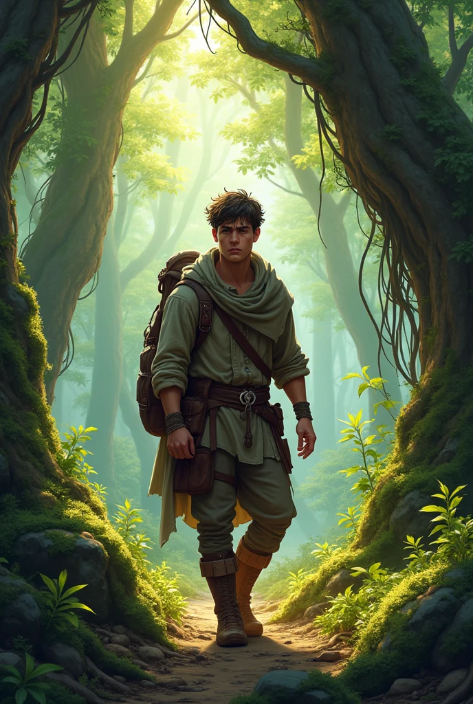 Twenty year old man, tired look, in medieval explorer attire in a beautiful forest