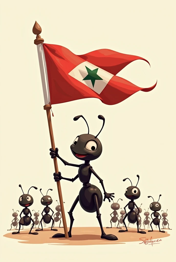 Animated ant with the flag of the political party MIRA and around more ants