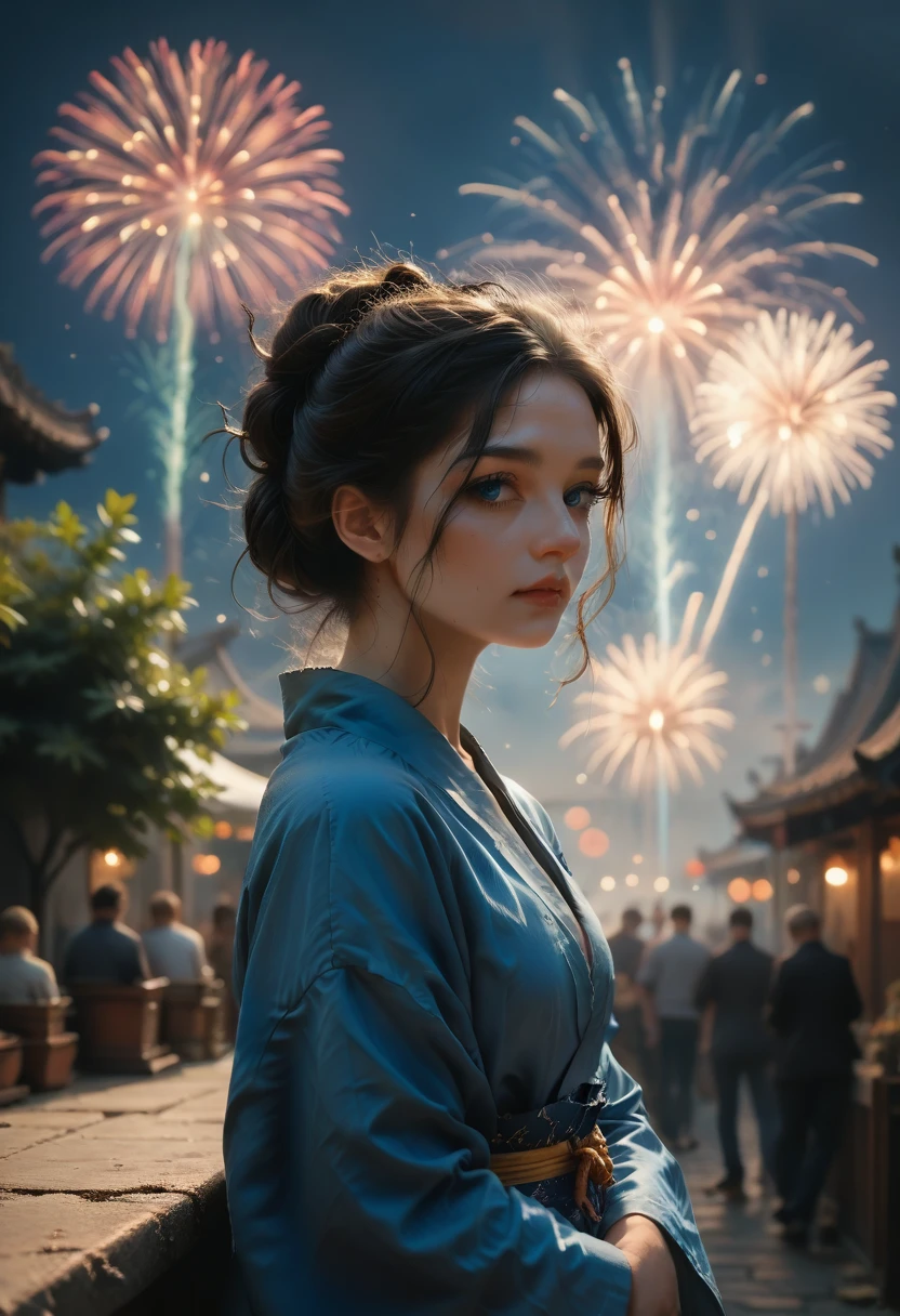 ((masterpiece, top quality, super definition, a high resolution)), One, beautiful girl, Shining eyes, Perfect eyes, 16 years, Blue theme, the yukata, fireworks