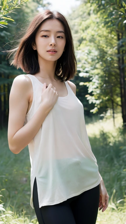 (8k, RAW photos, best quality, masterpiece: 1.2), (realistic, photorealistic: 1.37), in the forest, White Tank Top, Leggings pants, yoga, sunlight, Arms together in front, I closed my eyes and looked at the sky