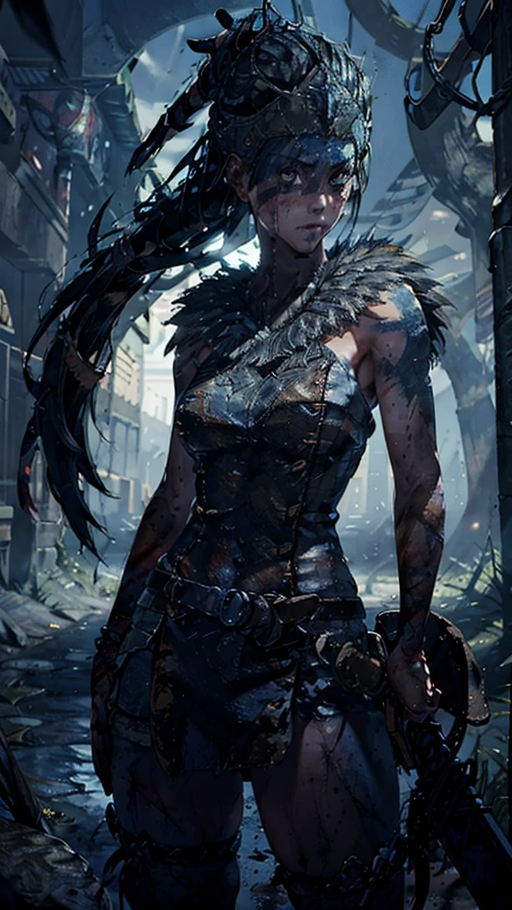 Senua from hellblade, 1girl, holding glowing sword, sword fighting poses, wide angle, leather clothing, forehead and eyes painted dark blue, determined expression, 16k, best quality, detailed face, beautiful blue eyes, best hands, perfect hands, unreal engine rendering style, award winning digital art, darkly atmospheric lighting 