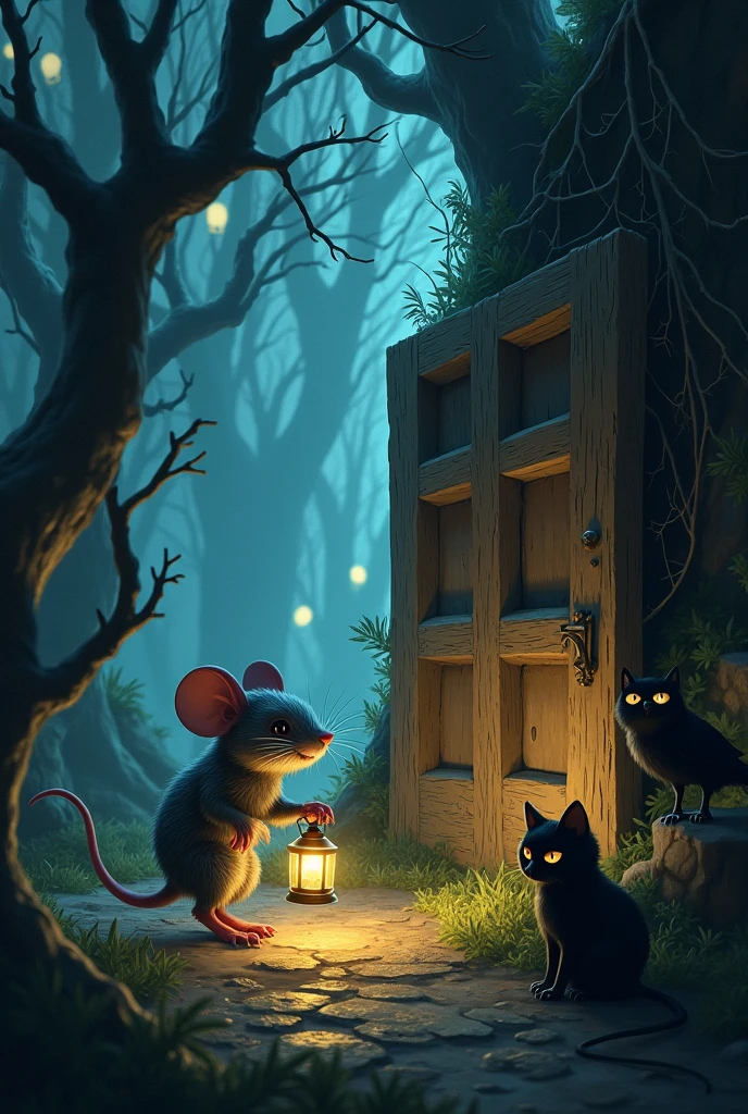 In a dark, eerie forest, a bold little mouse carries a glowing lantern as it approaches a creaky, old wooden door embedded in the trunk of a twisted, ancient tree. The door is covered in cobwebs and creaks open to reveal a spooky yet fascinating world of ghostly trees, floating lanterns, and mysterious shadows. Nearby, a black cat with glowing eyes and a pair of glowing ravens watch quietly. The scene is filled with dark, rich colors and a mix of spooky and magical elements."