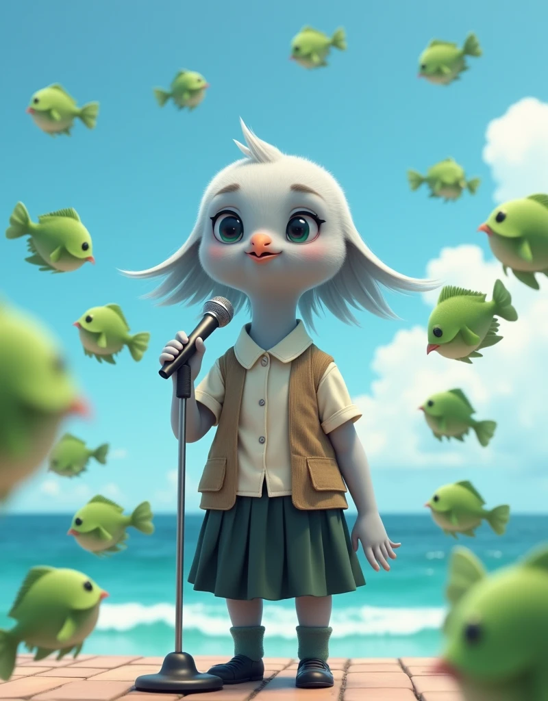 ((Highest quality)), ((masterpiece)), (photograph:1.6), (front), photorealistic, portrait, Singing into a microphone surrounded by lots of green puffer fish。
Big cute eyes, human expression。A small grey female pigeon with a head slightly larger than its body。
Off-white short-sleeved collared shirt with a light brown vest that was closed at the front、A knee-length black skirt with dark green socks and black shoes、Clear blue sky and ocean views。