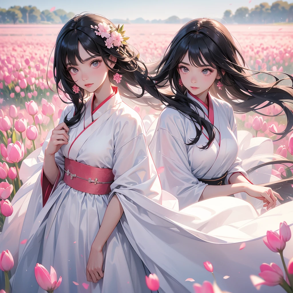 A black hair beautiful female in white hanfu dress , Standing in the middle of pink tulip field, close up.