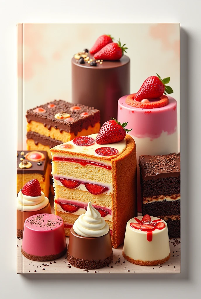 CREATE A BOOK COVER WITH NOTHING WRITTEN ON IT SHOWING PIZZA LASAGNA CAKE DESSERTS LIKE PUDDING AND MOUSE KEEP EVERYTHING IN ORDER AND WITH A LOT OF REALISM