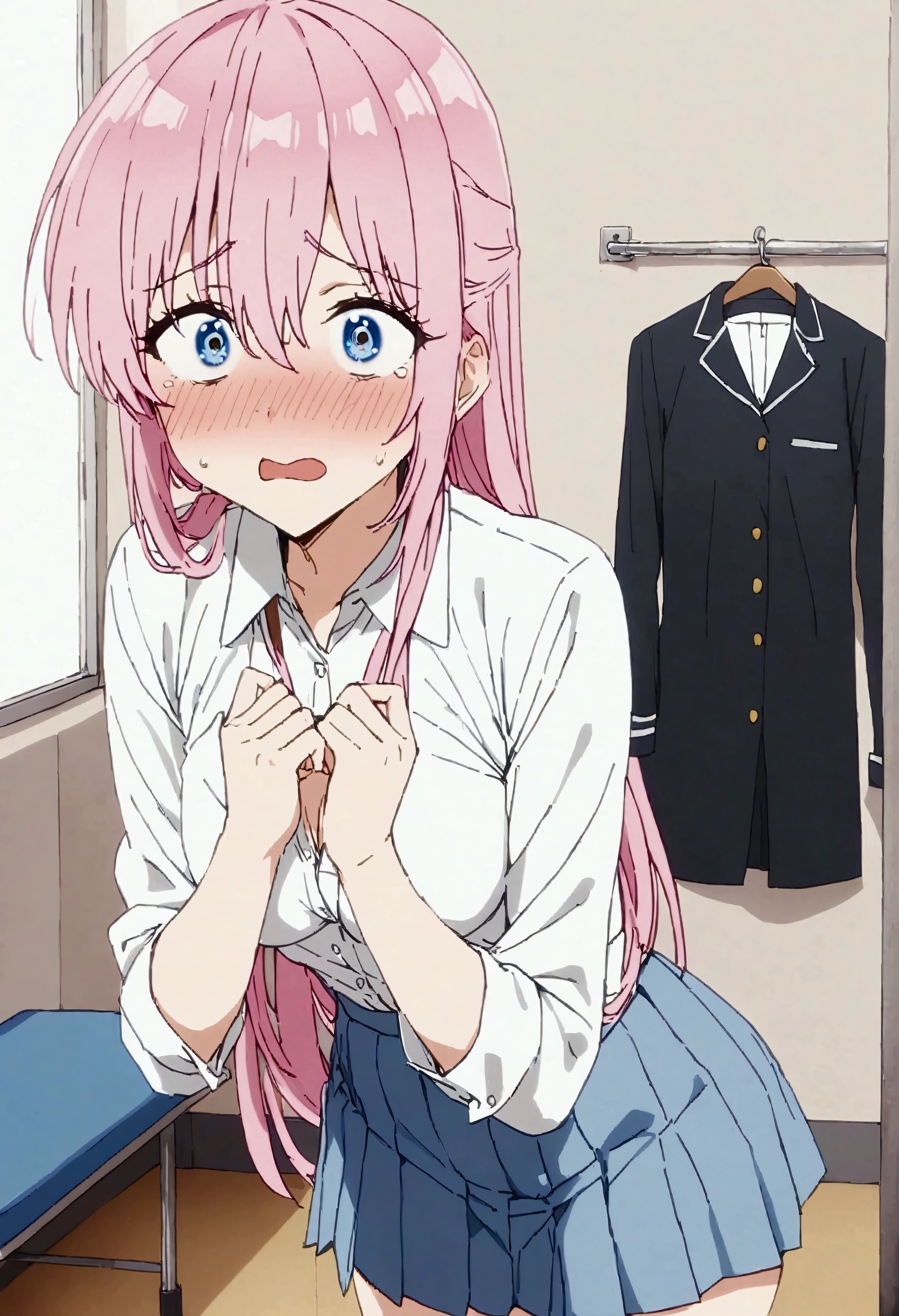 NSFW,masterpiece,Highest quality,High resolution,Very detailed,Shikimori-san\(可愛いだけじゃないShikimori-san\),Pink Hair、Long Hair、blue eyes、Hair between the eyes、bangs,Surprised face,blush,uniform,Dress shirt,Pleated skirt,lingerie,School,locker room,locker room,bench,Changing clothes,Half-naked,Undressing