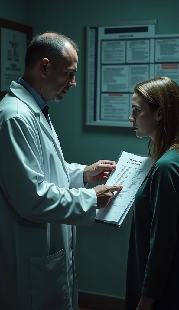 A doctor showing the person their medical results, indicating high blood sugar and cholesterol levels, horror, dark