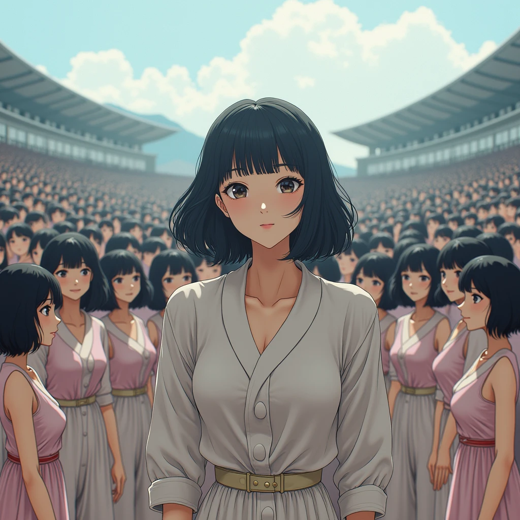 (((((Japanese Clone girls=Myself)))))), (((Best Super High quality Myself Clone girls Raw Photography Art))), (16K, Highest quality, Ultra-high resolution, RAW Photos), (((It's so unrealistic., With unparalleled depiction, With an unfathomable sight, An unprecedented and shocking worldview, Clone girls in a world of mass reproduction, Ultra-realistic))), (((Japanese, woman, 20yo, Saito-Asuka))), (Small face, ((Thick black hair, Semi-long hair))), ((V-neck short-sleeve dress)), (((((Very detailed美しい女体, Accurate body structure, Very detailed完璧な, Super busty body with very large breasts, Clearly emphasizes cleavage))))), (((Dark Eyes, Mature face, Cute Smile, A gentle gaze))), (((Her happy and smiling expression is so cute))), ((((((((Very detailed分身増殖描写, ((1girl→Myself cloning→1,000,000,000,000,000,000,000,000,000,000,000,000,000,000,000,000,000,000,000,000Myself Clone girls)))))))))), ((((((((Very detailed, The precise depiction of the proliferation of Myself Clone girls, ((With the perfectly identical bodies of Myself clone girls, With the exact same face as the Myself clone girls, With the exact same hairstyle as the Myself clone girls, In the exact same clothes as the girls who are my clones, Perfectly the same height as the Myself clone girls, Super big breasts, just like the Myself clone girls)))))))))), (((Myself clone girls only))), (((Multiple pairs, Very detailed depiction, (Myself clone girls hug each other, Myself clone girls assemble, Fun conversations with fellow Myself clone girls, A fun conversation between Myself clone girls, Myself clone girls holding hands, Walking with lots of Myself clone girls)))), (((Everyone looks at the camera))), (((Unbelievably crowded, Transcendent Myself clone girls intimately, Countless Myself clone girls surround you in 360 degrees))), (Bright, soft sunlight), (((Very wide field of view, Very detailed, Detailed ultra-perspective depiction with clear depth, wide view))), (((((Landscape with a curved slope))))), (((Very photographic and detailed depiction, Myself clone girls will multiply infinitely and fill the surroundings from one side to the horizon with their bodies tightly packed together without any gaps., A scene of endless Myself clone girls and a fun atmosphere))), (Focus on the average value of the image)