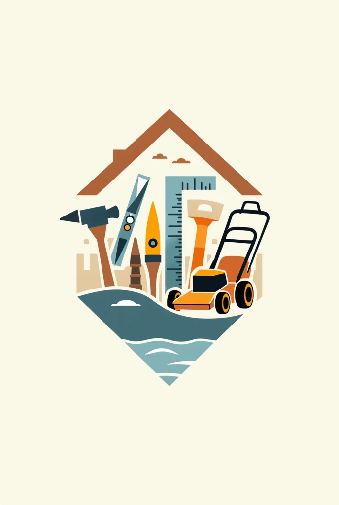 Logo entreprise qui s'appelle J2S, with tools such as square , compas, rule, spirit level, paint brush, mower... 