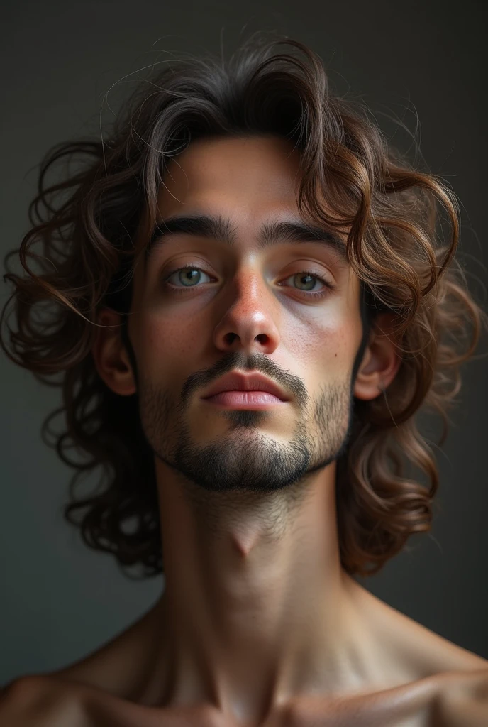 A thin man with long brown curly hair , with a hooked nose, with drooping corners of eyes, no facial hair