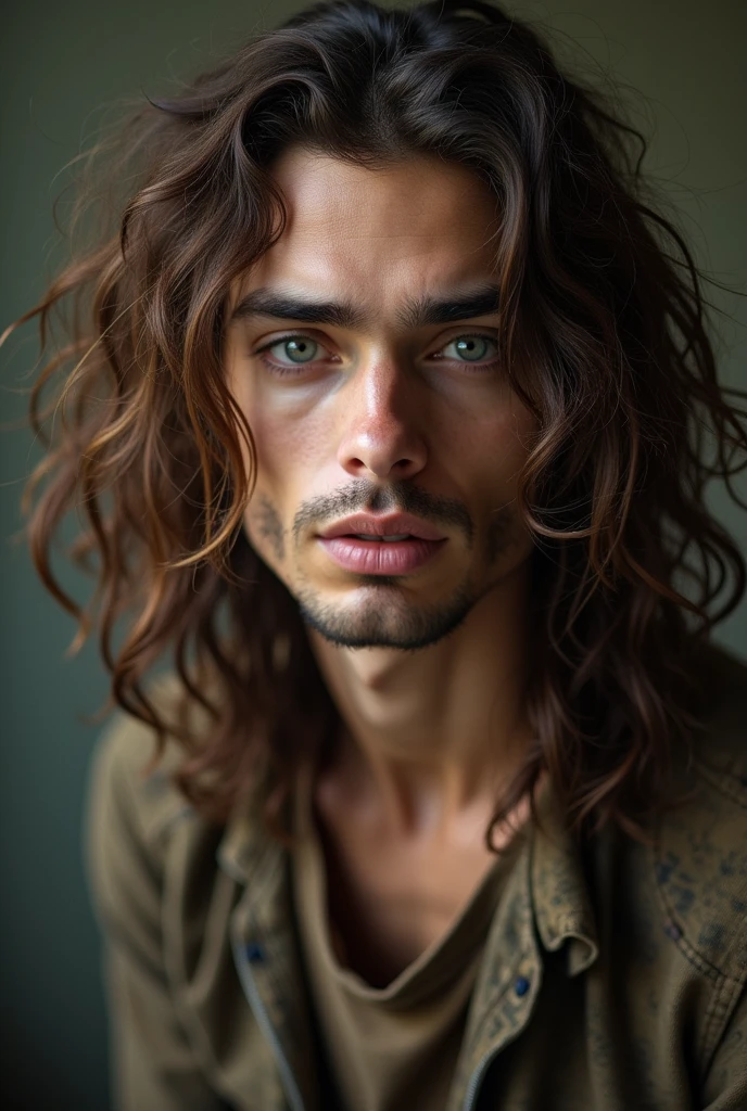 A thin man with long brown curly hair , with a hooked nose, with drooping corners of eyes, no facial hair