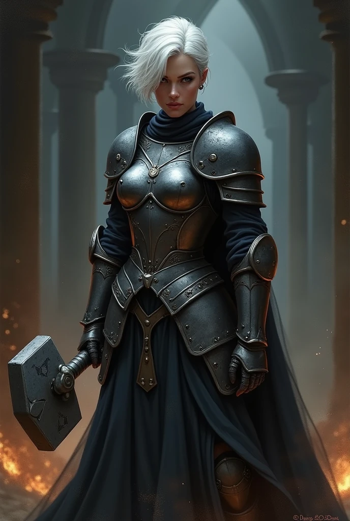 Make art as similar as possible to the art style used in the American Vox Machina series., a one woman, White hair, shorth hair, medieval armor, hight contrast, Two-tone lighting, hands behind back Less realistic American drawing Iron mace D&D art of D&D No bottom