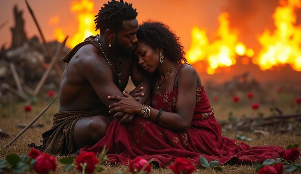 1419; (masterpiece, best quality) destroyed village(Cuazulo-Natal) roses on the floor; flowers on the ground; 1Zulus african warrior hugging you affectionately his wife(close-up);spears on the floor.; fire around.
