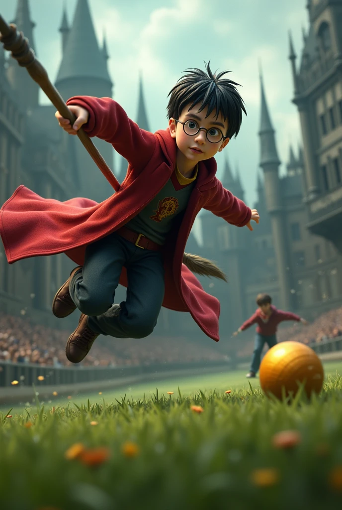 Harry Potter riding in broom stick in quidditch match