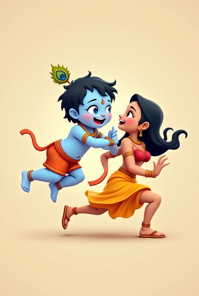 Cute baby lord krishna being mischivious and his mother is trying to catch him on a plain background