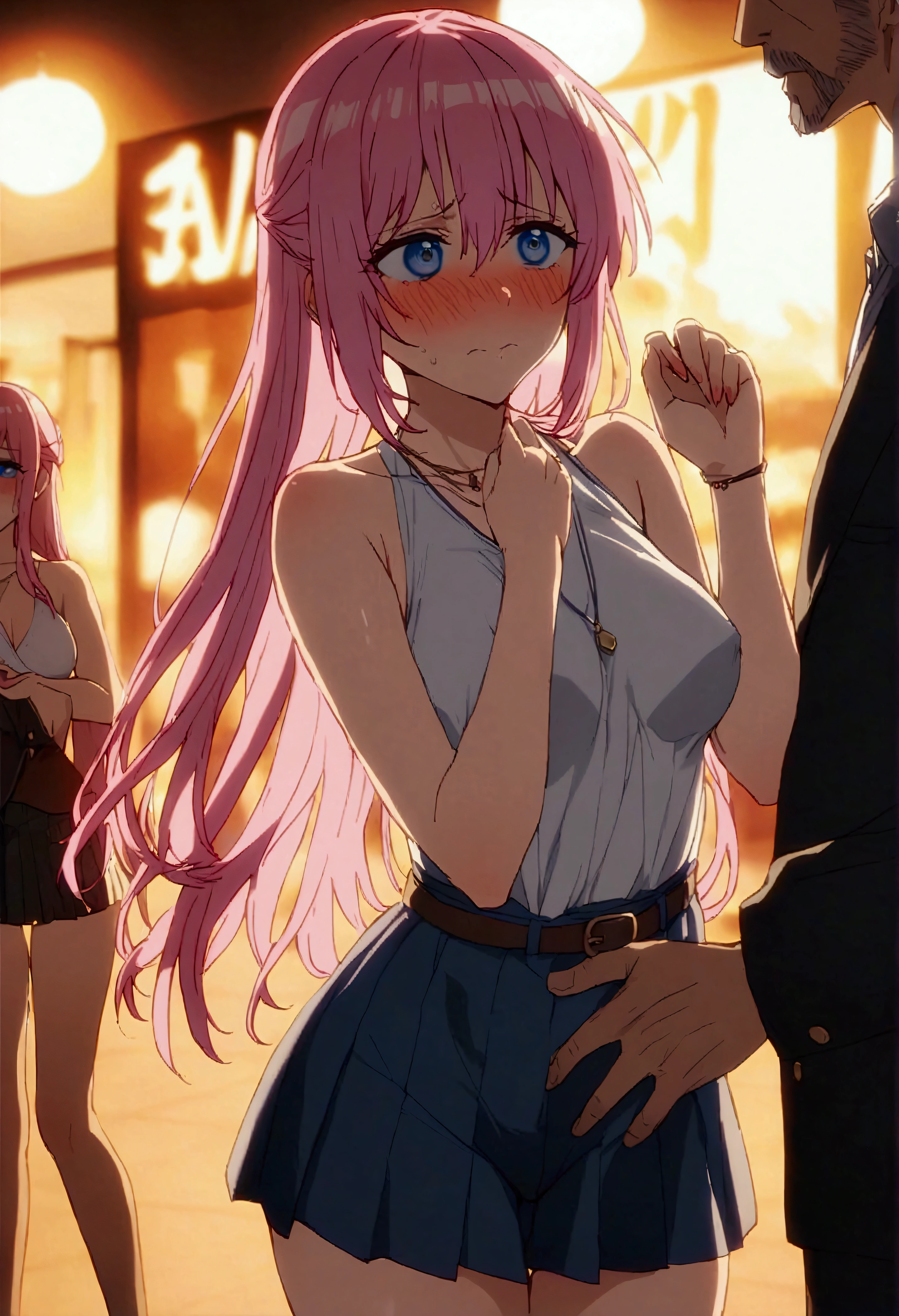 NSFW,masterpiece,Highest quality,High resolution,Very detailed,Shikimori-san\(可愛いだけじゃないShikimori-san\),Pink Hair、Long Hair、blue eyes、Hair between the eyes、bangs,Embarrassed,blush,Knit tops,Sleeveless,Pleated skirt,belt,necklace,Heeled Sandals,Nightlife,Picking Up Girls,(Bad looking middle-aged man),A man puts his hands on her waist and hugs her