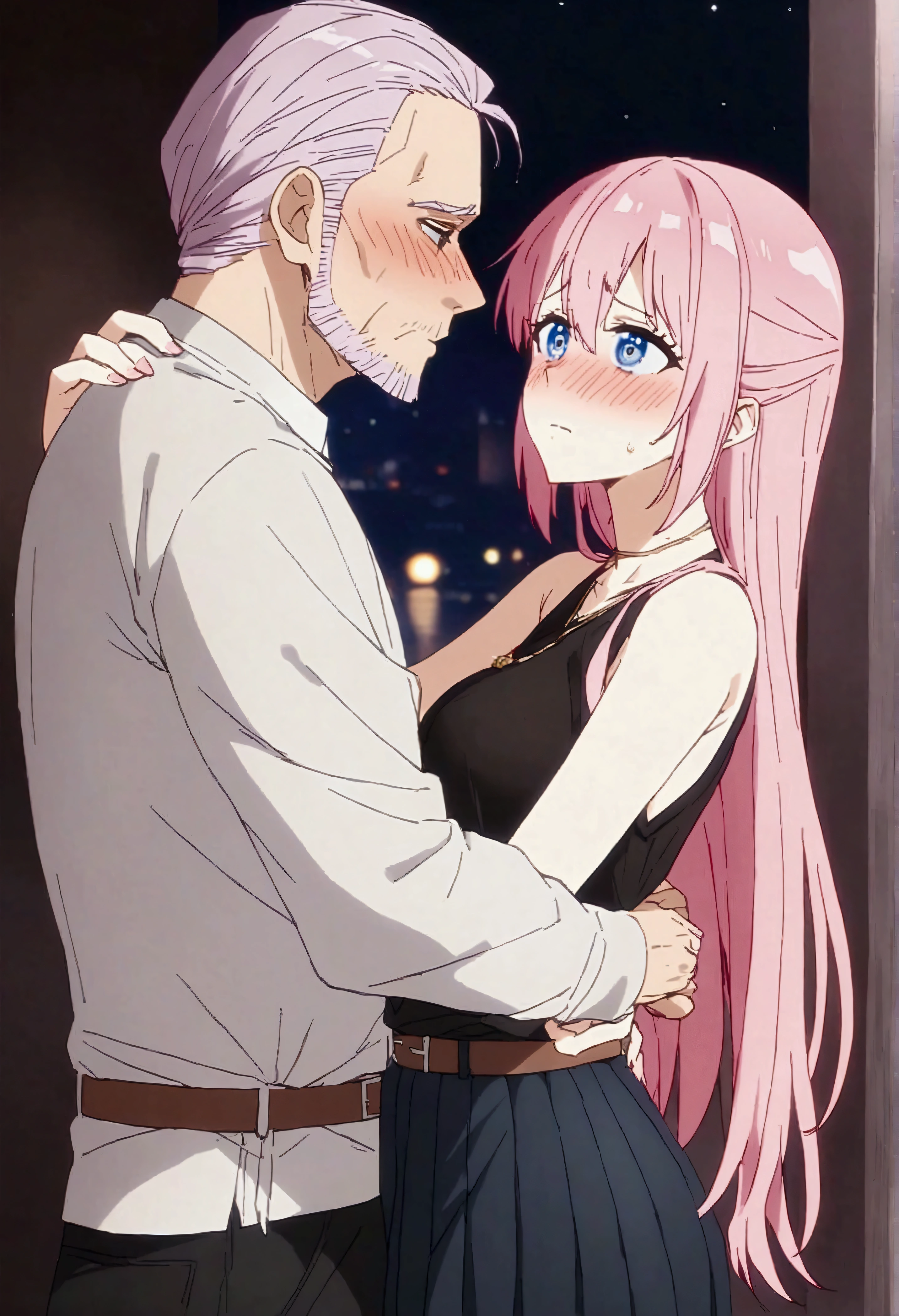 NSFW,masterpiece,Highest quality,High resolution,Very detailed,Shikimori-san\(可愛いだけじゃないShikimori-san\),Pink Hair、Long Hair、blue eyes、Hair between the eyes、bangs,Embarrassed,blush,Knit tops,Sleeveless,Pleated skirt,belt,necklace,Heeled Sandals,Nightlife,Picking Up Girls,(Bad looking middle-aged man),A man puts his hands on her waist and hugs her