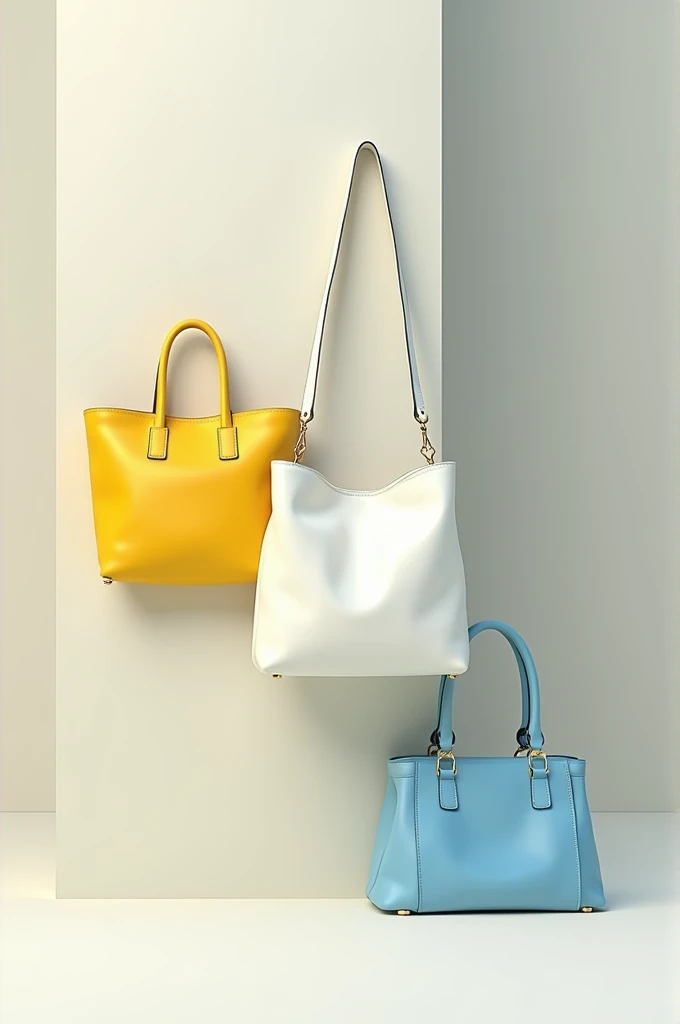 Create a 3d image of 3 bags hanging on wall in Yellow, White and Blue