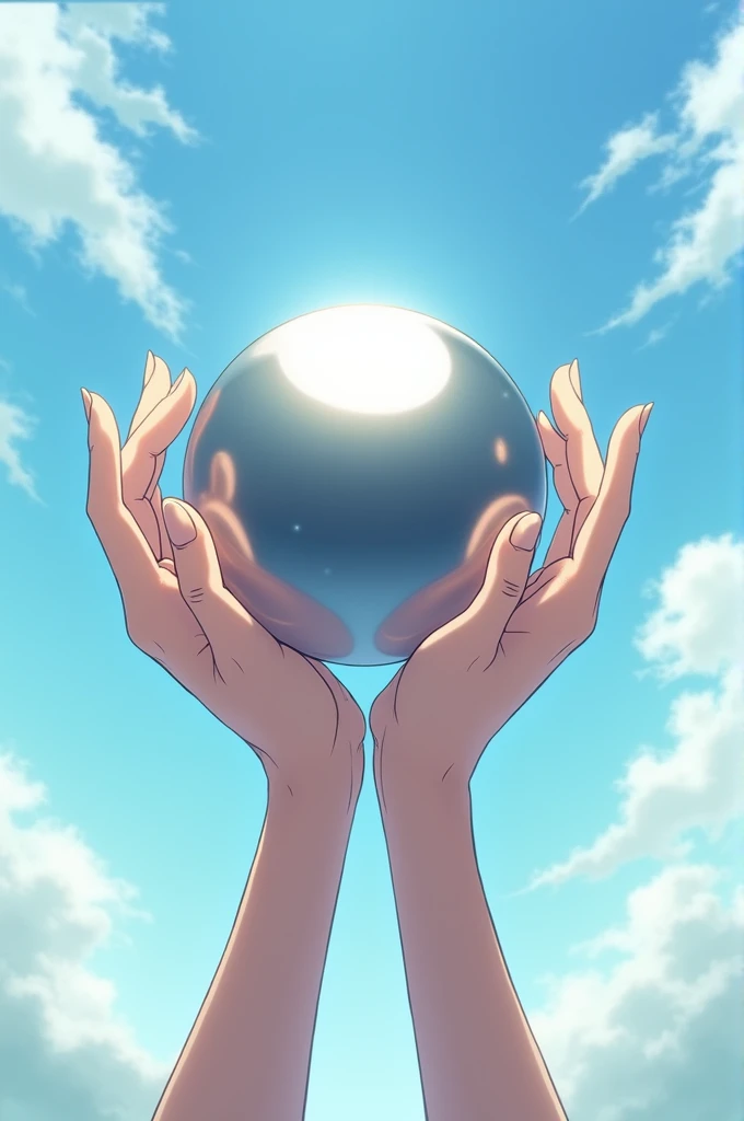 Two anime boy hands, (one up and one down). In the middle of the hands there should be a metallic orb. In the background the sky with clouds and sun.