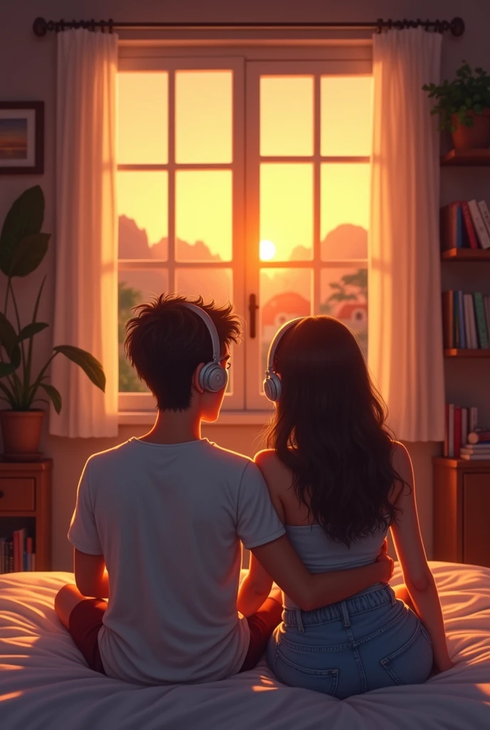Photo of a couple Two Piece Summer Outfit sitting and listen music with headphones ,on a bed, viewing a sunset over a village skyline through a large window. Include warm lighting, bookshelves, and a cozy interior atmosphere.