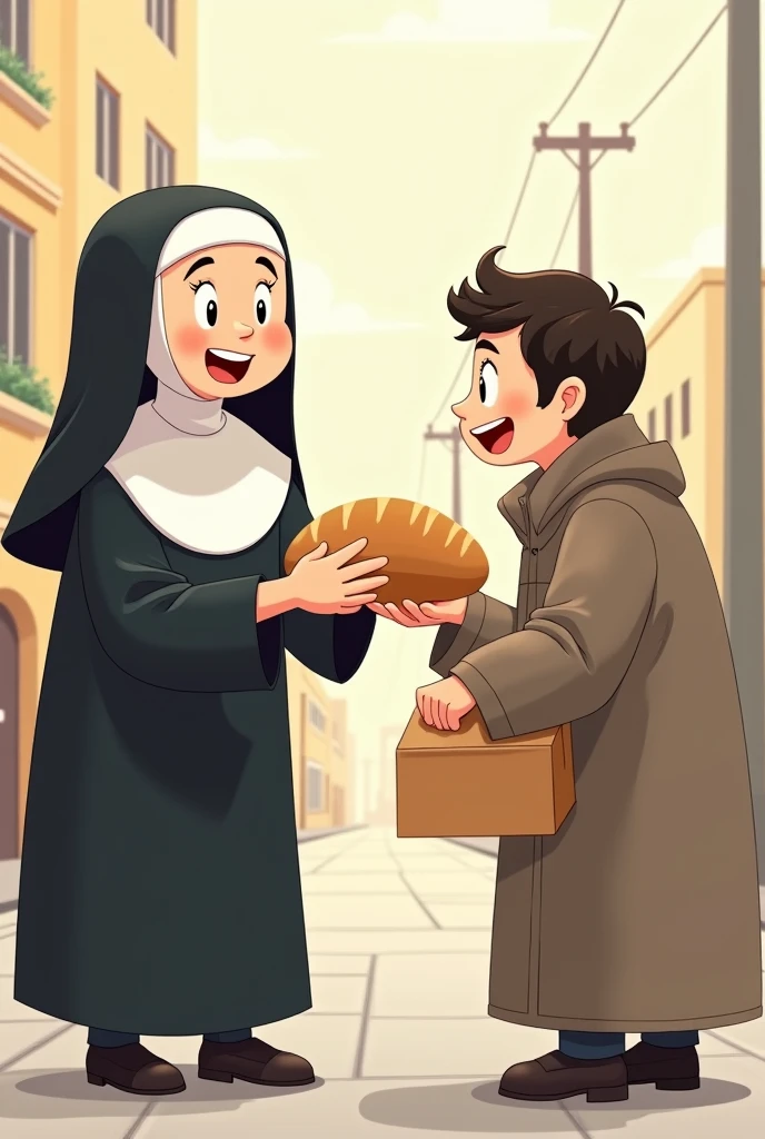Animated and easy to draw nun giving a loaf of bread to a homeless person