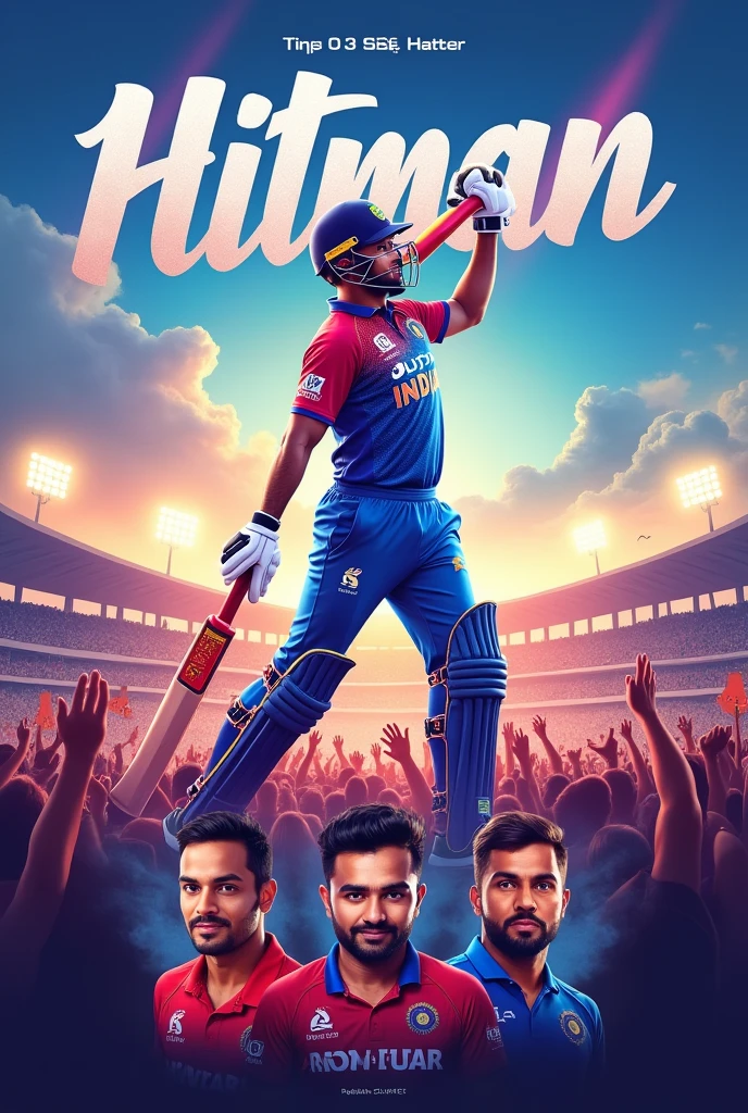 Show me top 5 six hitter and then show me rohit sharma as no. 1 six hitter on top in air and other four on bottom with face and type hitman in sky and show all people chanting rohit sharma