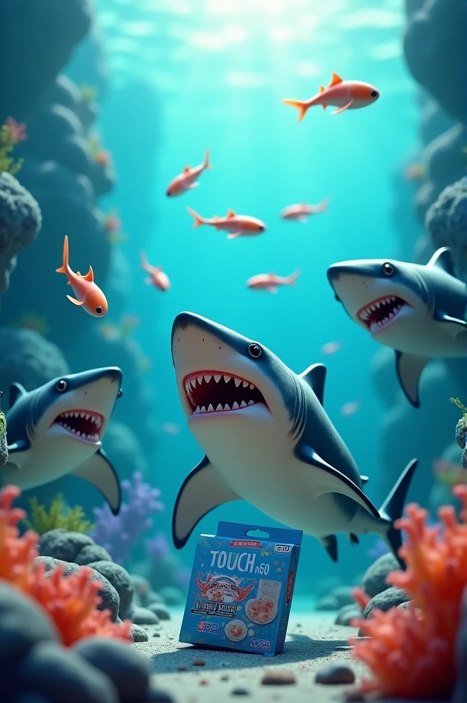 Fish Sharks and anchovies,Touch N Go Money Packet you padu,Ringgit malaysia,3D Pixar cartoon style, cinematic, dramatic, masterpiece, dynamic view,