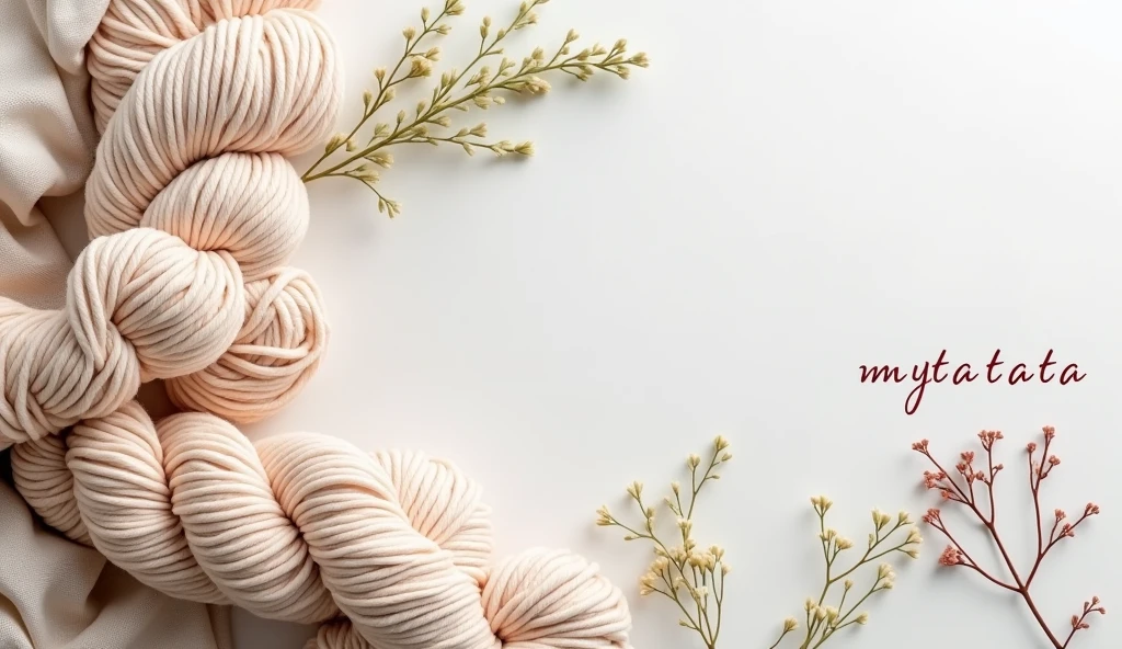 Design a YouTube banner for a channel called Myata.Tata. The banner should have elements of various needlework including crochet, needle embroidery. Add fluffy soft skeins of yarn in delicate colors + a very little bit of soft green. The style should be inspired by Scandinavian design, with an emphasis on light, natural colors. Use minimalistic, airy patterns and textures that evoke a cozy and serene atmosphere. The channel name “Myata.Tata” should be highlighted in an elegant, simple font that complements the overall Scandinavian aesthetic. The design should be modern, eye-catching and appropriate for a creative channel about needlework.