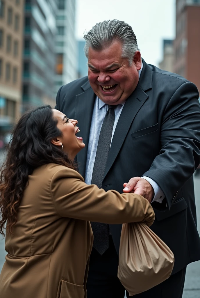 image of Doug Ford mayor of Toronto stealing food from a homeless woman. Toronto in the background. Doug Ford is obese. the homeless woman looks furious and is fighting to get her food back. she is pulling at the bag of groceries that Doug Ford is holding. Doug Ford has grey hair that is slicked back and he is wearing a mayor suit