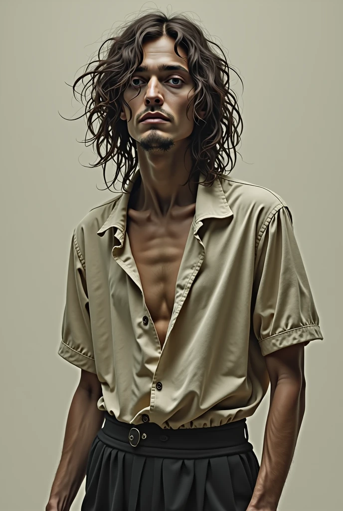 A painfully thin man, brown curly hair, with a hooked nose, hair below the shoulders, Gathered in the tail, wears a loose shirt and trousers