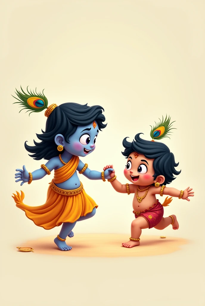 Cute baby lord krishna being mischivious and his mother is trying to catch him on a plain background