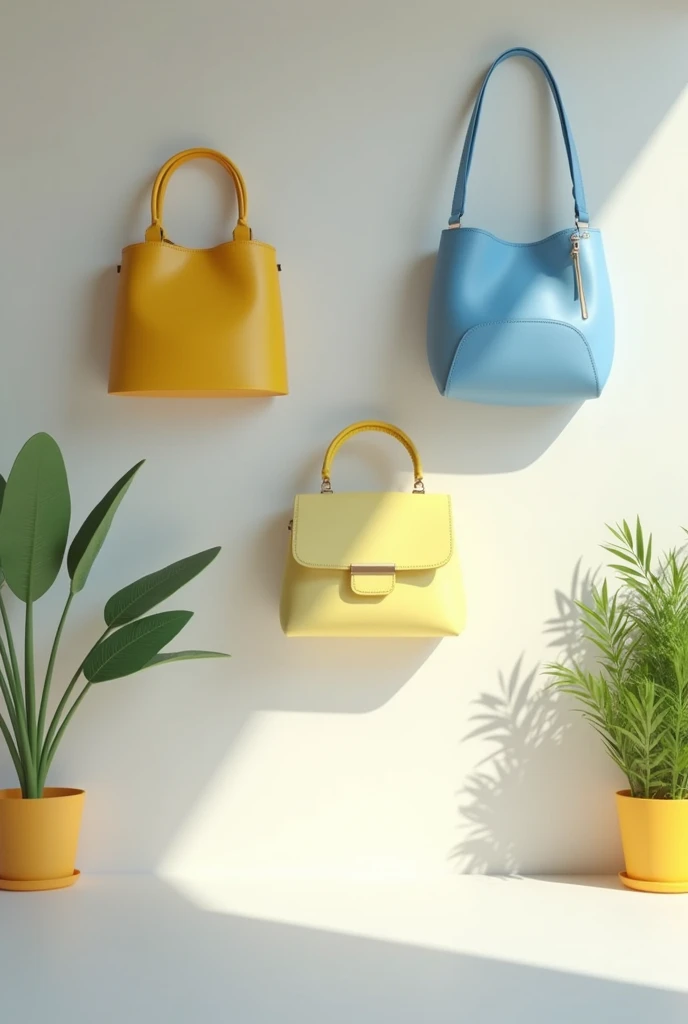 Create a 3d image of 3 bags hanging on wall in Yellow, White and Blue in horizontal sequence