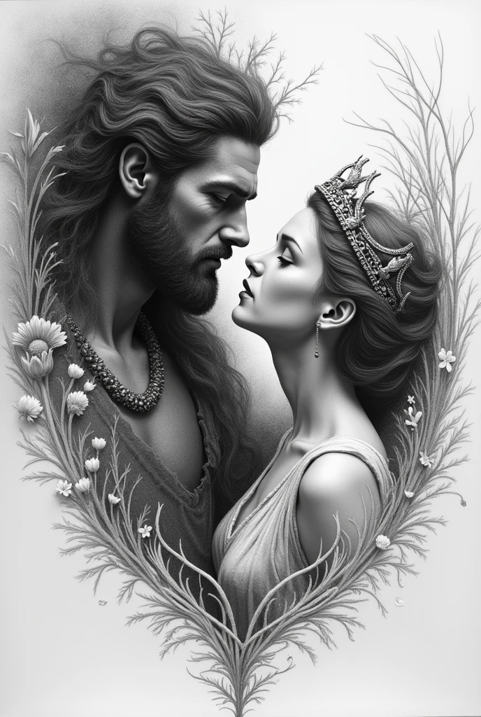 Pencil drawing with strong contrast between the detailed outline of the figures and the more chaotic and fluid lines around them, creating a dreamlike quality typical of surrealist art. I would like a drawing identifying the melancholic story of Hades, receiving Persephone's love without believing that he deserves this love. It needs to be clear that Hades is the lord of the underworld and Persephone is the goddess of spring..
Hades crawling out of the underworld with a crown on his head, and Persephone waiting for him outside in a garden