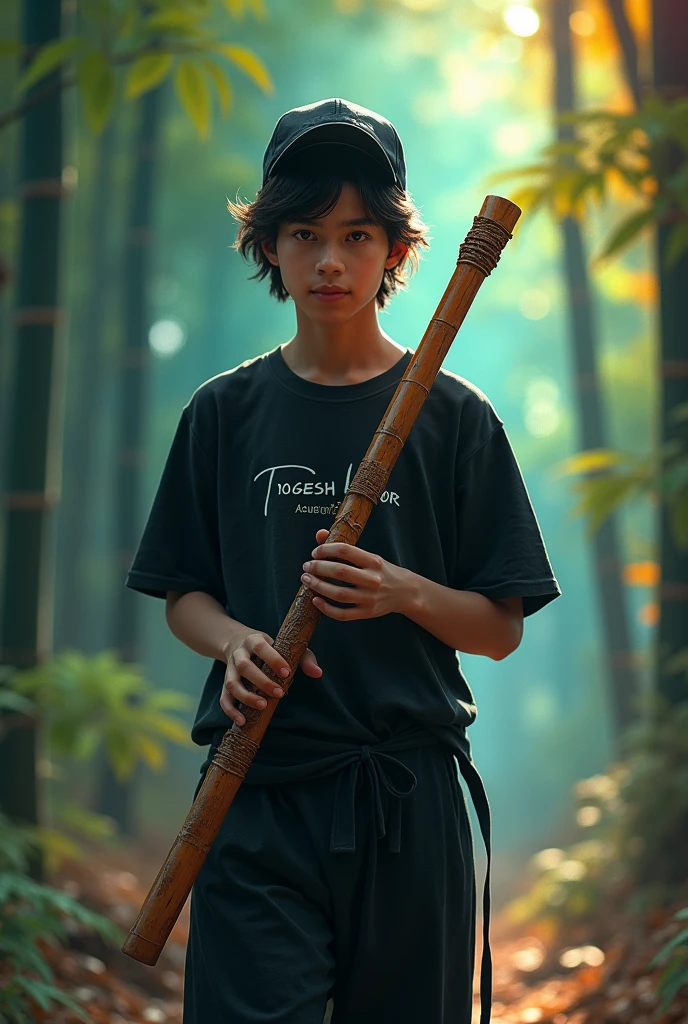 A 18 year younger boy wearing black tshirt and black lower, Yogesh Rathor name on the tshirt, the boy wearing black cap,walking while playing a bamboo shakuhachi flute, the surrounding bamboo forest changes to rainbow colors in tune with the melodic music, mystical bamboo forest, (best quality,4k,8k,highres,masterpiece:1.2),ultra-detailed,(realistic,photorealistic,photo-realistic:1.37),beautiful detailed eyes,beautiful detailed lips,extremely detailed eyes and face,long eyelashes,intricate braided hat,detailed bamboo flute,colorful bamboo forest,moody lighting,serene atmosphere,ethereal,spiritual,peaceful,cinematic, the boy is young, YOGESH RATHOR name on the tshirt,the boy wearing black cap,
