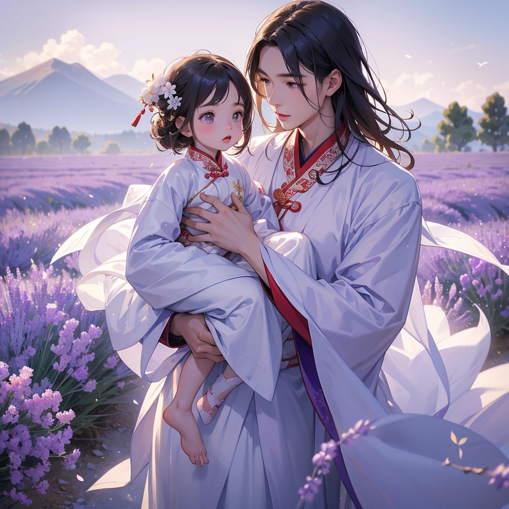A one-year-old baby boy in an white ancient Chinese baby costume with his beautiful mother, dressed in an ancient Chinese costume, Stroll among the purple lavender fields , There are some floating clouds, playing with each other, with his handsome father standing next to his mother, close up.