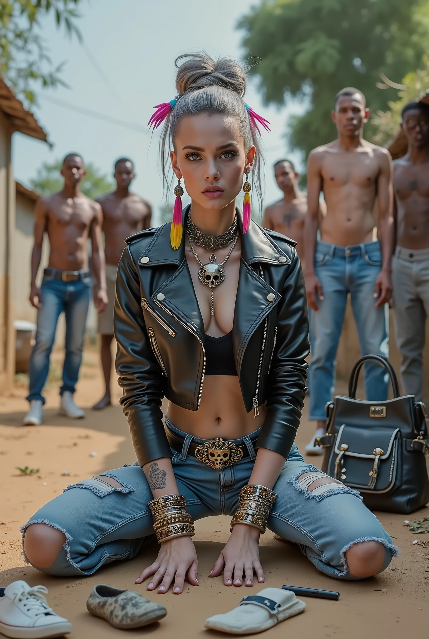 russian milf woman, grey hair (pouf, and top bun and shaved sides) and wide colourful bandana as headband, with very light blue eyes, extremely pale. Wearing vintage cropped black moto jacket with lots of zippers and pins, black push up bra with white seams , skinny blue jeans with holes in knees and dirty white tennis sneakers. Dirty knees and dusty hands. Lots of metallic bracelets, lots of boho pendants and lots of colourful beads collars. Tacky wide studded leather belt with oversized skull and bones buckle. Long bohemian earrings with colourful feathers. Kneeling like in a payer, chin up stretching her neck , humble facial expression. Hands on her knees, showing off bracelets and rings. studded black leather tote bag with chains on the floor, next to her..  Listening in amazement to somebody speaking to her, well toned abdominals, thin neck, slim legs and thin arms. Tattoed heavily on chest and hands.  Dirt street in Kenian village full of waste. A lot of tanned shirtless fat men in jeans around looking at her. next to her, all her belongings scattered on the floor: makeup kit, little makeup mirror, studded black leather tote bag, lipstick, wallet, moble etc on the floor