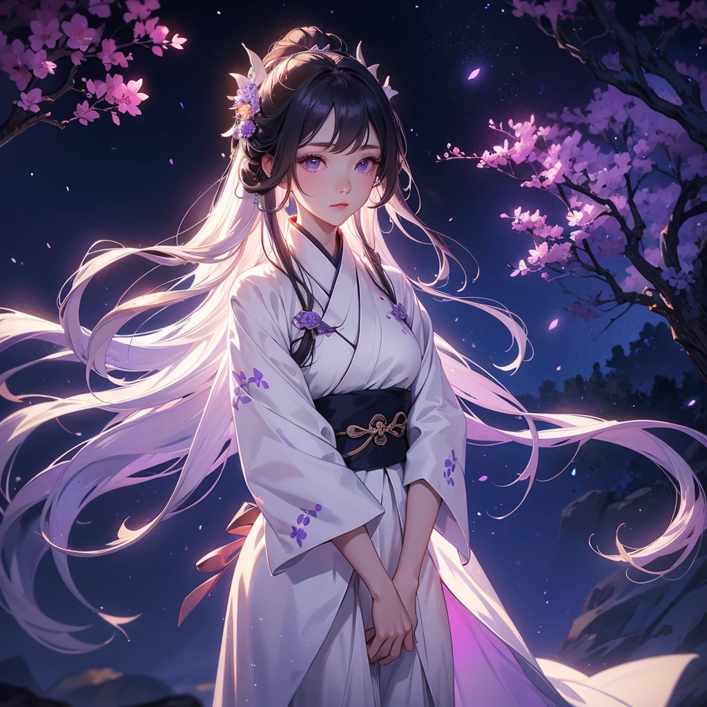 A beautiful female in white hanfu dress , Standing in the middle of Background is a dark moonless night, with dry trees in the background, and purple glowing light , close up.