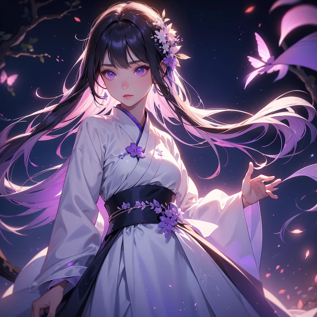 A beautiful female in white hanfu dress , Standing in the middle of Background is a dark moonless night, with dry trees in the background, and purple glowing light , close up.