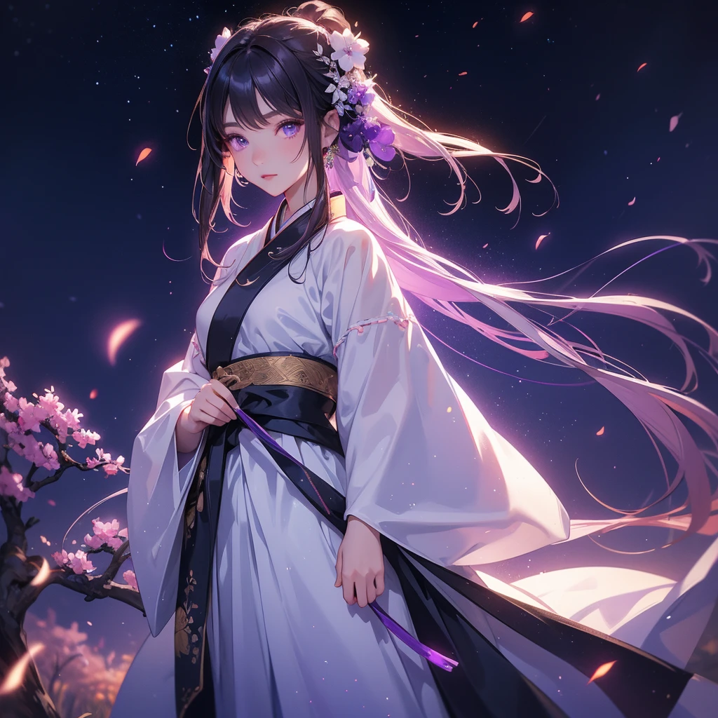 A beautiful female in white hanfu dress , Standing in the middle of Background is a dark moonless night, with dry trees in the background, and purple glowing light , close up.