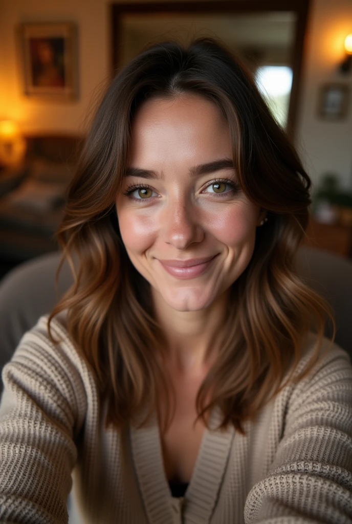 Full face selfie of a 40 year old woman with a brown hair sitting on his sitting room during the evening 