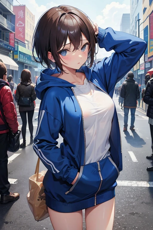 (blue naked hoodie)、short hair、Zip-up、nice、Show off her breasts、Estrus、Excited、Brown Hair、Big Breasts、((Very good))、Milk Crush、city、city内、crowd、Attention、Pussy、Pussy、Lower body naked、Place the sausage between your legs、(return)、(put in)、Outdoor masturbation、Like before、Slosh、Pussy汁、Shove your hands into your pockets