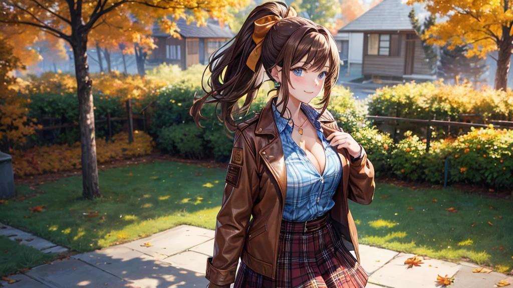 1girl, solo, trees, sun, clouds, autumn, colorful trees, falling leaves, ((brown hair)), ponytail, large breasts, ((brown leather jacket)), button down shirt, ((blue checked shirt)), ((unbuttoned shirt)), unbuttoning buttons, ((full cleavage)), blue eyes, long skirt, brown boots, smile, happy, looking at the viewer, walking, upper view, hair ribbon, golden necklate, earring