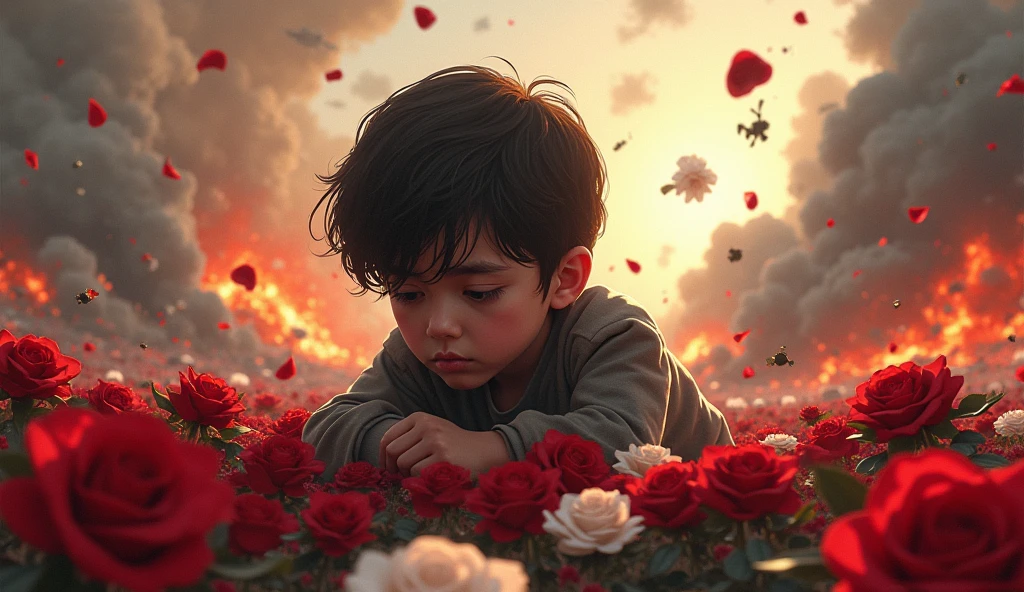 1419; (masterpiece, best quality) destroyed hugged caring (Cuazulo-Natal)1sad boy looking Down(close-up); thousands of red white roses on the ground; bombs falling from the sky.; fire around.