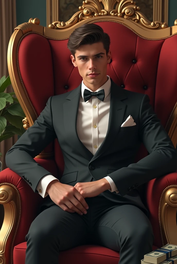 A stylish boy sit in king chier with fly money looking handsome