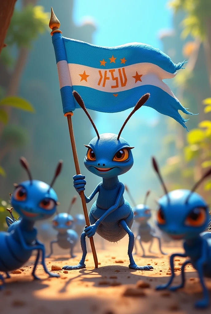 Animated blue and white ant with the flag of the political party MIRA and around more ants