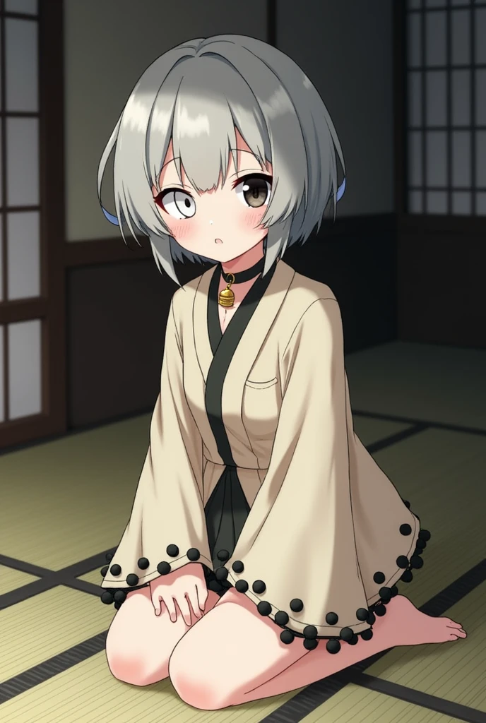estilo kimetsu no yaiba, tomboy girl kneeling on tatami, very short gray hair, white left eye, black right eye, nostalgic expression, Pale skin, demon hunter, Cream-colored haori with pompoms at the tip of the sleeves, hairy on the neck, bell on the neck