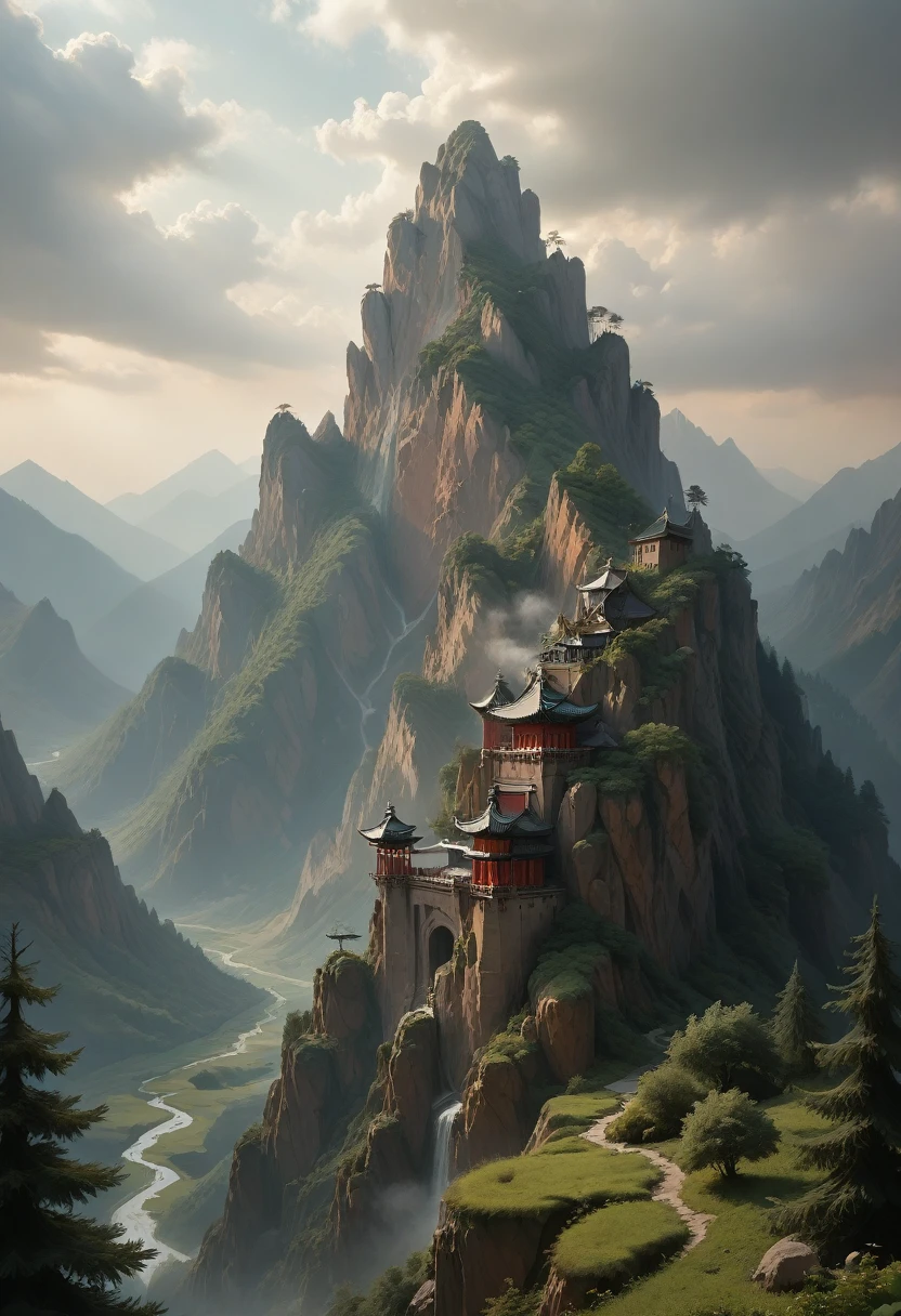 Mountains with a small red building on top, by Cheng Jiasui, Chinese landscape, Yuan Jiang, stunning landscape image, Zhangjiajie in the early morning, Liu Haisu, ot Raymond Hana, Breathtaking mountains, from Xia Yun, floating mountains, Incredibly beautiful, Ren Xiong, Zhangjiajie National Forest Park, Renaissance