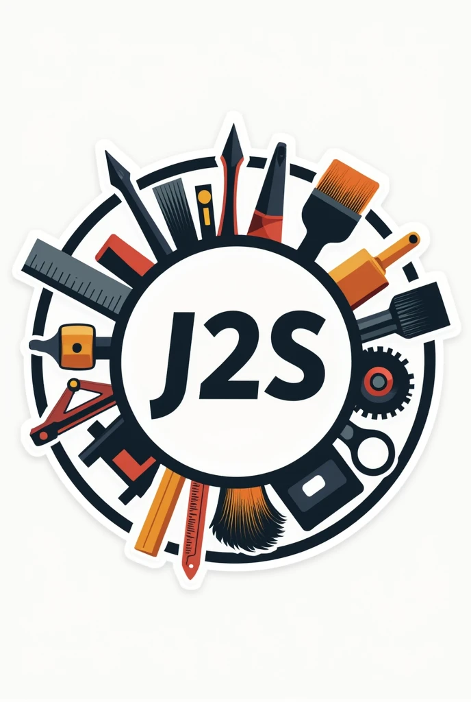 Circular logo of a company called J2S, with tools such as square , compass, ruler, spirit level, pinceau, mower...