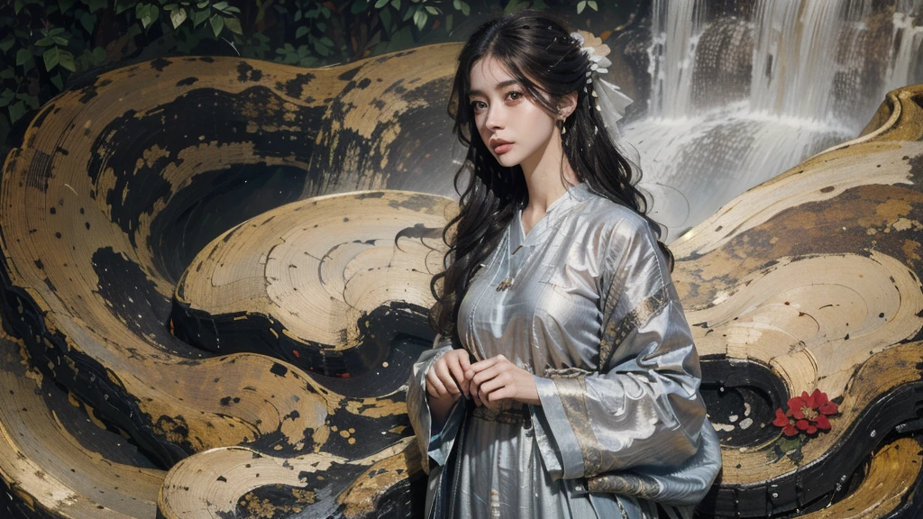 masterpiece, photorealistic, a woman wearing a dress with flowers in her hair, standing by a waterfall, intricate details, beautiful detailed face, beautiful detailed eyes, beautiful detailed lips,extremely detailed skin, long eyelashes, A beautiful, slender body. Nice smooth legs,cinematic composition,volumetric fog, wet rocks, cascading waterfall, lush foliage, atmospheric, serene